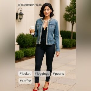 BEBE XL blue stretch pearl & rhinestone embellished boxy raw hem jean jacket